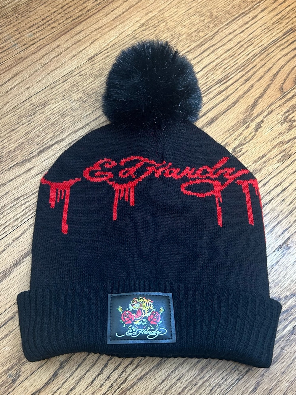ED HARDY UNISEX Graphic Red Logo And Tiger Knit Pom Pom Beanie NWOT Size OS